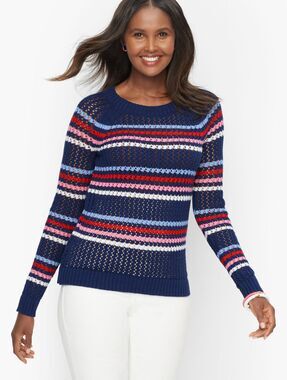 Talbots Open Stitch Crewneck Sweater Size XP XLP Navy Multi Stripe Long Sleeve